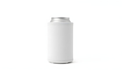 Blank white collapsible beer can koozie mockup isolated, side view, 3d rendering. Empty neoprene cooler holder mock up for tin beverage. Plain drinkware hugger design template. Fizzy pop soda sleeve