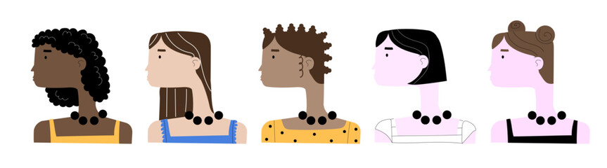 An illustration of a multicultural group of women. A set of female heads.