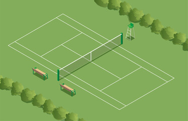 Isometric outdoor tennis court with green grass field net benches and umpire chair surrounded by trees professional sports facility design for tournament or training illustration