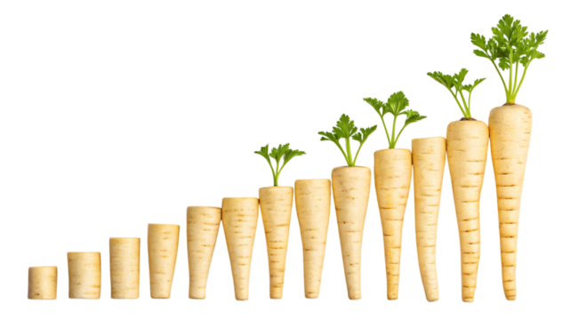 Parsnip growth chart, increasing size and plant development on transparent PNG background
