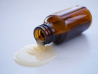 Fototapeta premium A thick mass pours from a dark glass bottle. The liquid is poured over a white surface. Viscous product ingredient concept for cooking and beauty.