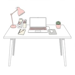 Minimalist White Desk Workspace with Laptop and Pink Lamp