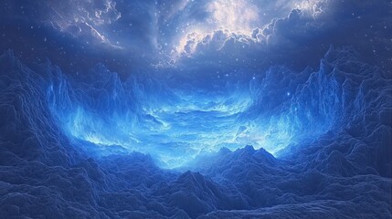 Glowing blue valley nestled amongst icy, jagged peaks under a stormy, starlit sky