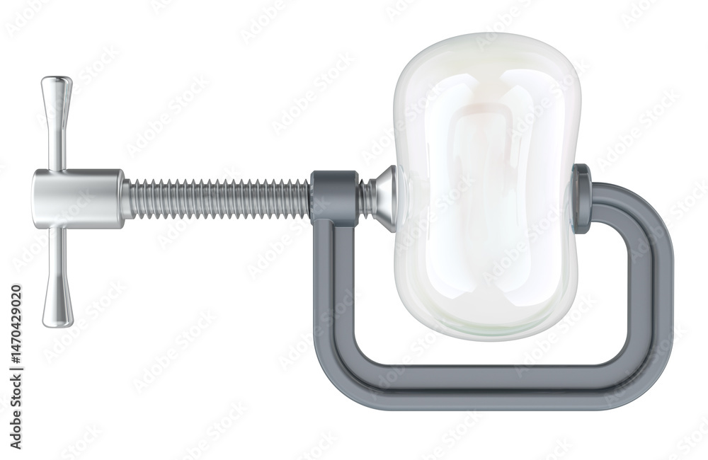 Poster soap bubble with squeezing c clamp. 3d rendering isolated on transparent background