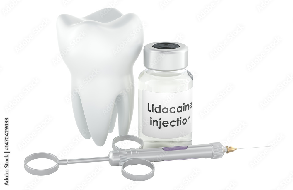 Poster tooth and carpool syringe with lidocaine vial injection, 3d rendering isolated on transparent backgr