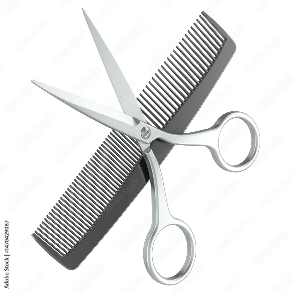 Poster hair cutting scissors and comb crossed, 3d rendering isolated on transparent background