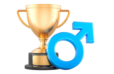 Gold trophy cup award with blue male gender, 3D rendering isolated on transparent background