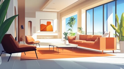 Designer's house with entresol and spacious living room illustration , no logos, no brands
