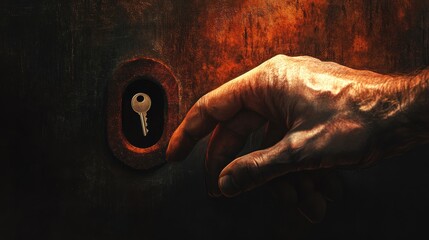 Close up image of human hand inserting key in key hole illustration , no logos, no brands
