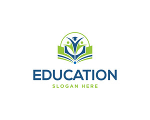 Education logo vector template with students celebrating graduation from open book concept represents learning and growth