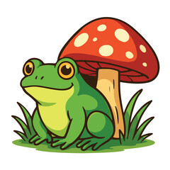 Adorable green frog sitting on grass next to a large red mushroom with white spots. Colorful cartoon style illustration with a whimsical and nature-inspired theme.