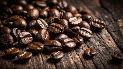 Naklejka premium Roasted Coffee Beans on Rustic Wooden Background in Warm Lighting 