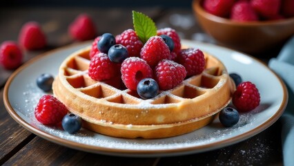 Golden waffle topped with fresh raspberries, blueberries, and a sprinkle of powdered sugar on a plate, set against a rustic wooden background