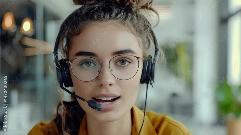 Poster close-up of a friendly, young woman with a headset and glasses, likely a customer service representa