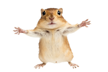An adventurous golden brown chipmunk stands with outstretched arms, exuding charm.