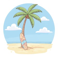 Obraz premium Pastel Surfboard Leaning on Palm Tree on Sandy Beach