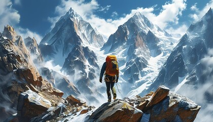 Fearless climber reaching for the sky, epic journey through majestic snow-covered mountains