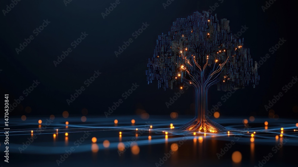 Poster illuminated digital tree displays connections and technology imagery