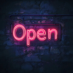 Vibrant Pink Neon Open Sign on a Dark Brick Wall Background