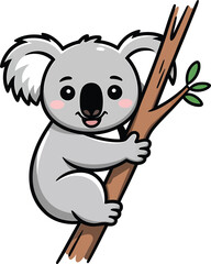 Adorable cartoon illustration of a cute koala bear climbing a tree branch with joy.