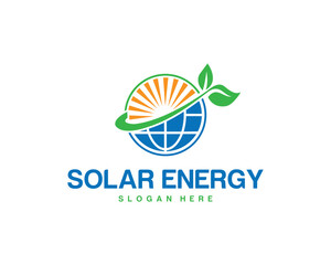 Solar energy logo vector template with globe and leaf design for renewable power solutions and environmental sustainability