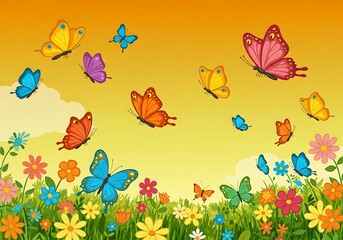 Sunset Butterflies: Vibrant Spring Meadow Illustration AI Generated