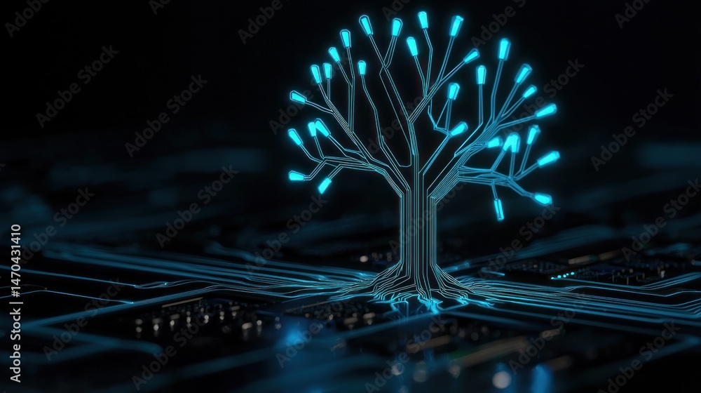 Poster A digital tree is glowing on a circuit board platform