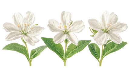 Fototapeta premium Exquisite White Flowers with Green Leaves on PNG Transparent Background