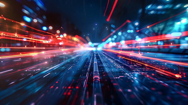 Abstract speed of light background with red and blue streaks in a futuristic city scape view - Powered by Adobe