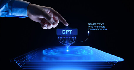 GPT Generative Pre-Trained Transformer Concept with Neural Networks. Human Hand Touching Digital...