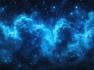 A vibrant cosmic landscape featuring swirling nebulae in shades of deep blue, interspersed with countless twinkling stars across a dark expanse