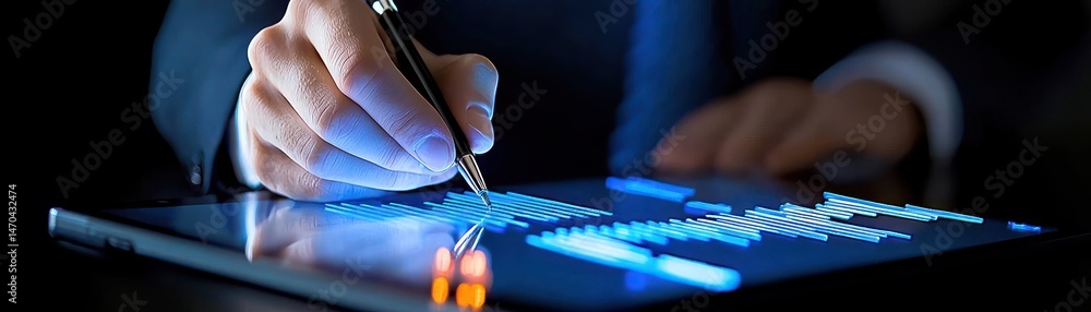 Poster A person using a pen to analyze financial data on a tablet