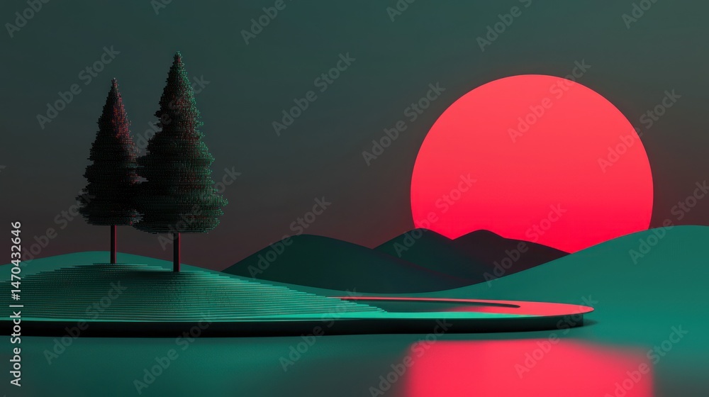 Poster two stylized trees stand before a large red sun setting