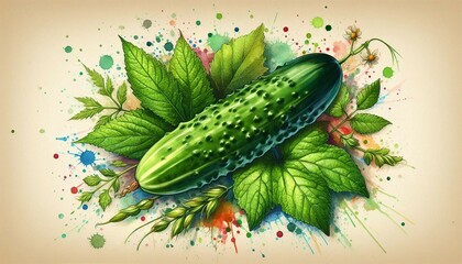 Watercolor cucumber. Abstract floral arrangement with green cucumber.