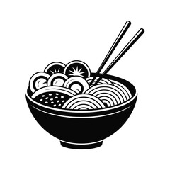 Elegant Noodle Bowl: A simple black and white depiction of a noodle bowl adorned with chopsticks, presenting a classic, minimalist view of a delicious Asian culinary staple.
