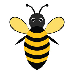 A cute yellow cartoon bee, a cheerful flying insect with wings, carries honey on a white background