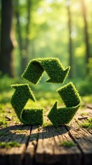 Green recycling symbol in the forest: image shows a three-dimensional recycling symbol covered in green grass, placed on a wooden surface in a blurred forest environment, symbolizing ecological awaren