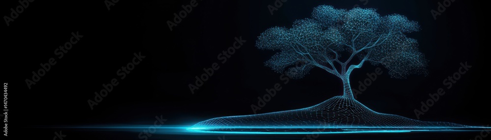 Poster a digital illustration of a tree constructed with blue lines