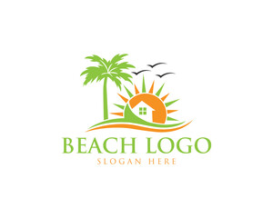 Beach house resort vector logo template with palm trees and birds