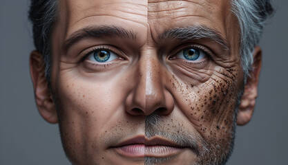 Fototapeta premium Aging Process Concept: Split Portrait of a Young and Elderly Man