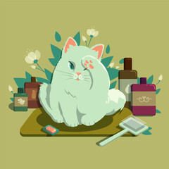 Adorable fluffy white cat grooming itself on a cushion surrounded by shampoo bottles, brush, soap, and flowers. Cute cartoon scene perfect for pet care, grooming salons, or kids' products.