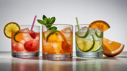 Fototapeta premium Bright Summer Beverages with Colorful Ingredients and Fresh Garnish 