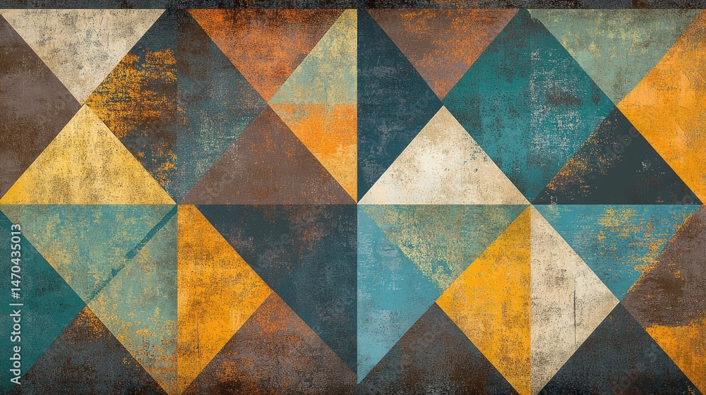 Poster geometric pattern of textured triangles in muted hues.