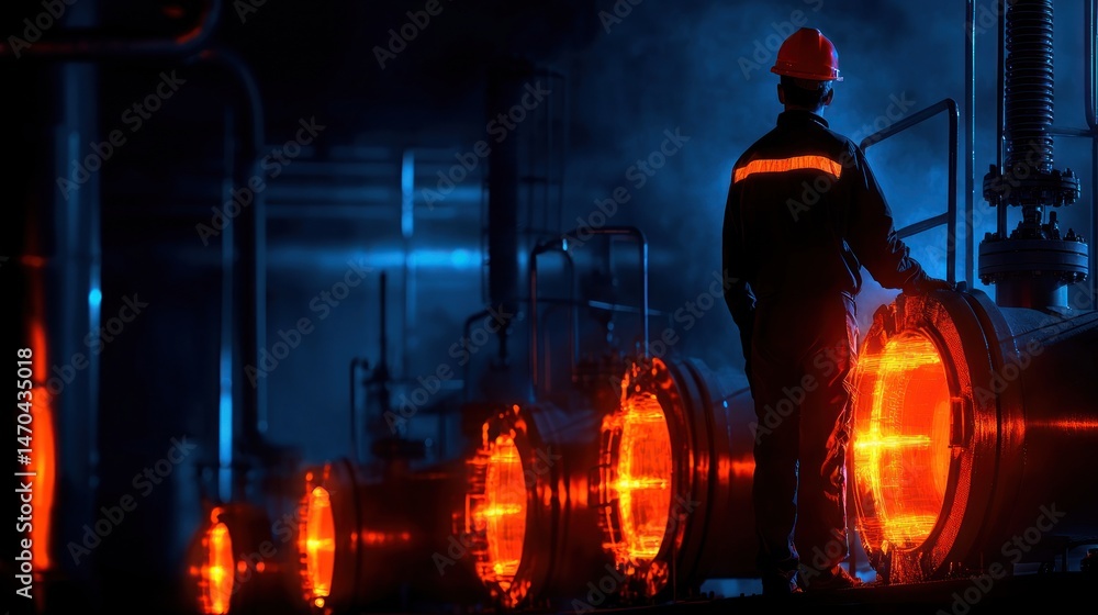 Poster a worker inspects a pipeline inside a factory facility