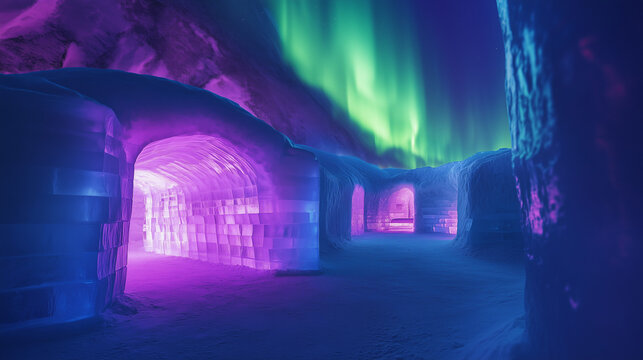 ice hotel with aurora projections