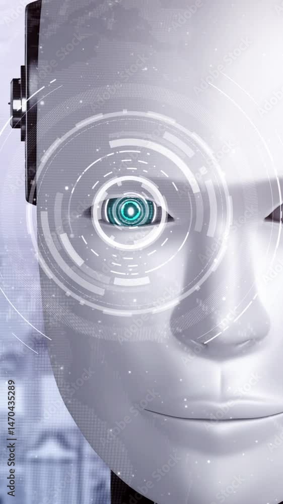 Poster robot hominoid face close up with graphic concept of ai thinking brain , artificial intelligence and
