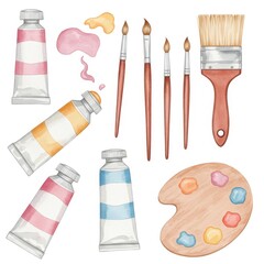 Watercolor Paint Tubes Brushes and Palette