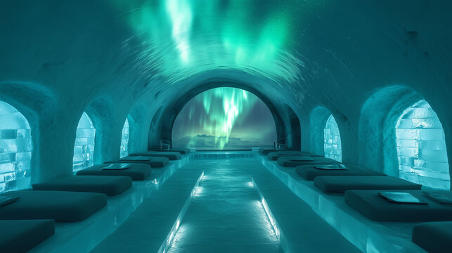 ice hotel with aurora projections