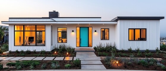 Modern, single-story house with white siding, large windows, and a teal front door.  Landscaped yard with stone pathway