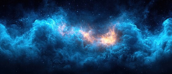 Celestial swirls of blue and orange hues, illuminated cosmic clouds, a mesmerizing interstellar panorama